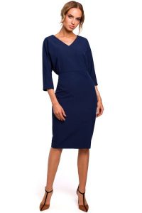 Sukienka elegancka ołówkowa zbluzowana góra i dekolt V granatowa. Sukienki Sukienki.shop, do pracy, xxl, bez wzorów, biznesowe, bez kołnierzyka, bez ramiączek, ołówkowe. W wyprzedaży za 160,00 zł.