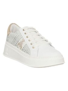 Patrizia Pepe Skórzane sneakersy w kolorze złoto-białym rozmiar: 37. Białe trampki Patrizia Pepe, bez wzorów, bez zapięcia. Za 448,99 zł.