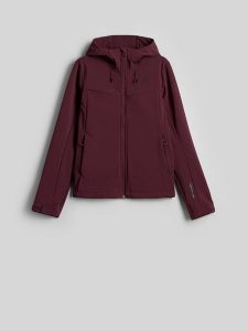 4F Kurtka softshell wiatroodporna damska - burgundowa S. Czerwone kurtki 4f, s, bez wzorów, z softshellu, bez kaptura. Za 299,99 zł.