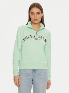 Guess Jeans Bluza W5RQ25 K68I4 Zielony Regular Fit. Zielone bluzy Guess Jeans, xl, z aplikacjami, z bawełny, bez kaptura. Za 219,99 zł.