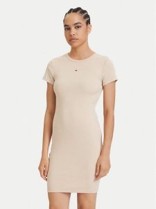 Tommy Jeans Sukienka letnia Flag DW0DW22613 Beżowy jasny Slim Fit. Brązowe kombinezony Tommy Jeans, na lato, s, bez wzorów, z bawełny, bez kołnierzyka, bez ramiączek. Za 289,99 zł.