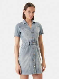 Morgan Sukienka jeansowa 241-ROGLA Błękitny Regular Fit. Niebieskie kombinezony Morgan, bez wzorów, z bawełny, bez kołnierzyka, bez ramiączek. Za 369,99 zł.