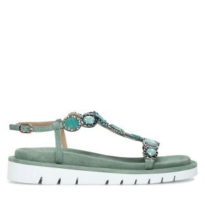 Sandały Eva Minge. Zielone sandały Eva Minge, bez wzorów, bez obcasa, na płaskiej podeszwie, bez zapięcia. Za 399,99 zł.