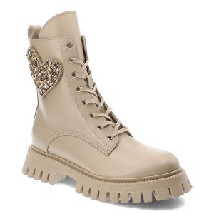 Beżowe Botki Chebello Eleganckie Obuwie Damskie Z Pięknym Sercem. Brązowe botki CheBello, z aplikacjami, bez obcasa, bez zapięcia. Za 499,00 zł.