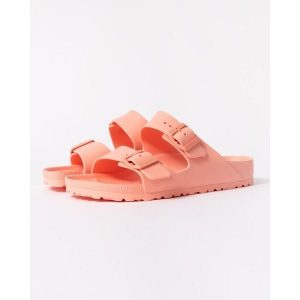 Klapki damskie Birkenstock Arizona Eva. Czerwone klapki Birkenstock, bez wzorów, z materiału, bez obcasa. Za 329,99 zł.