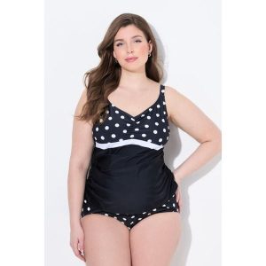 Damskie tankini Bellieva góra bez miękkich miseczek kropki. Czarne bikini Ulla Popken, bez wzorów, z elastanu. Za 179,99 zł.