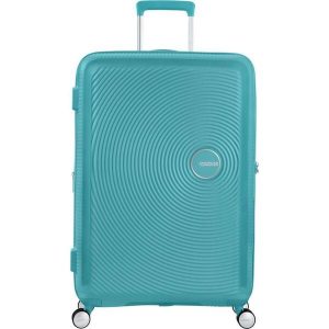 Walizka turystyczna Soundbox Spinner 77 TSA EXP 97L. Niebieskie walizki AMERICAN TOURISTER, bez wzorów. Za 770,00 zł.