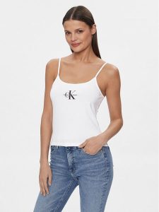 Calvin Klein Jeans Top Monologo J20J223105 Biały Slim Fit. Białe topy Calvin Klein Jeans, xxs, bez wzorów, z bawełny, bez kołnierzyka, bez ramiączek. Za 79,99 zł.