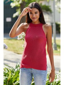 Milan Kiss Top w kolorze czerwonym rozmiar: XL. Czerwone topy Milan Kiss, xl, bez wzorów, z wełny, bez kołnierzyka, bez ramiączek. Za 100,99 zł.