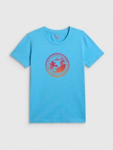 4F T-shirt regular z nadrukiem damski - niebieski XL. Niebieskie t-shirty 4f, xl, bez wzorów, z bawełny, bez kołnierzyka, bez ramiączek. Za 59,99 zł.