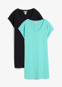 Sukienka shirtowa z czystej bawełny organicznej (2-pak). Niebieskie sukienki bonprix, bez wzorów, z bawełny, bez kołnierzyka, bez ramiączek. Za 79,99 zł.