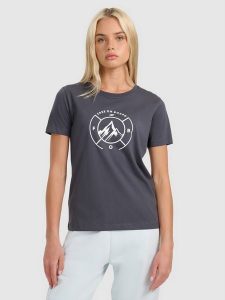 4F T-shirt regular z nadrukiem damski - szary S. Szare t-shirty 4f, s, bez wzorów, z bawełny, bez kołnierzyka, bez ramiączek. Za 59,99 zł.