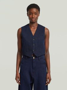 G-Star Kamizelka dżinsowa w kolorze granatowym rozmiar: XL. Niebieskie kamizelki G-Star, xl, bez wzorów, z bawełny, bez kołnierzyka, bez ramiączek, bez kaptura. Za 217,99 zł.