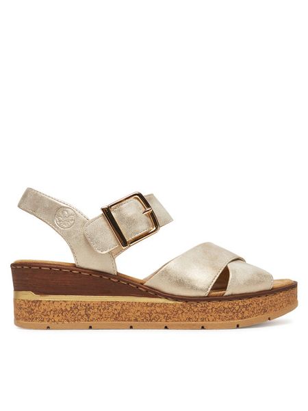 Rieker Sandały 63795-60 Beżowy. Brązowe sandały Rieker, bez wzorów, z materiału, bez obcasa, na koturnie, bez zapięcia. Za 329,99 zł.