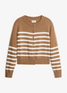 Sweter rozpinany o skróconej długości, z mieszanki bawełny. Brązowe kardigany bonprix, z bawełny, bez kołnierzyka. Za 109,99 zł.