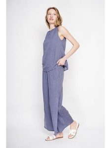Le Jardin du Lin Lniany top w kolorze niebieskim rozmiar: 38. Niebieskie topy Le jardin du lin, bez wzorów, ze lnu, bez kołnierzyka, bez ramiączek. Za 114,95 zł.