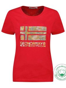 Geographical Norway Koszulka "Jwild" w kolorze czerwonym rozmiar: S. Czerwone bluzki Geographical Norway, s, bez wzorów, z bawełny, bez kołnierzyka, bez ramiączek. Za 48,28 zł.