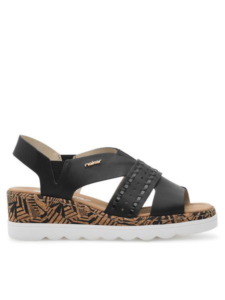 Rieker Sandały 67179-00 Czarny. Czarne sandały Rieker, bez wzorów, z syntetyku, bez obcasa, na koturnie, bez zapięcia. Za 269,99 zł.