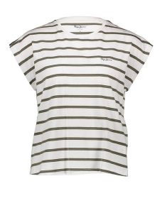 Pepe Jeans Koszulka w kolorze biało-oliwkowym rozmiar: M. Białe bluzki Pepe Jeans, m, bez wzorów, z bawełny, bez kołnierzyka, bez ramiączek. Za 122,96 zł.
