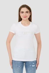 GUESS Biały t-shirt Sangallo Tee. Białe t-shirty Guess, s, z aplikacjami, bez kołnierzyka, bez ramiączek. W wyprzedaży za 197,99 zł.