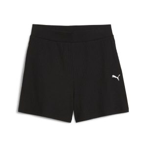 Damskie prążkowane szorty ESS ELEVATED 5" z wysokim stanem PUMA Black. Czarne szorty Puma, bez wzorów, prążkowane, z podwyższonym stanem. Za 174,00 zł.