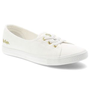 Trampki damskie Lee Cooper, cholewka z materiału tekstylnego elastyczne sznurówki na płaskiej podeszwie, białe, LCW-26-02-4043L SVL-395. Białe trampki Lee Cooper, bez wzorów, bez zapięcia. Za 119,00 zł.
