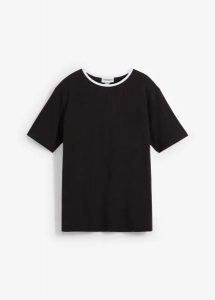 T-shirt z kontrastowym elementem. Czarne t-shirty bonprix, bez wzorów, bez kołnierzyka, bez ramiączek. Za 24,99 zł.