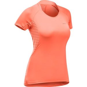 Koszulka turystyczna damska z krótkim rękawem Quechua MH500. Brązowe bluzki QUECHUA, m, bez wzorów, z elastanu, sportowe, bez kołnierzyka, bez ramiączek. Za 59,99 zł.