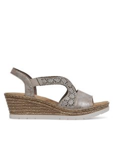 Rieker Sandały 61916-91 Srebrny. Szare sandały Rieker, bez wzorów, z syntetyku, bez obcasa, na koturnie, bez zapięcia. Za 299,99 zł.