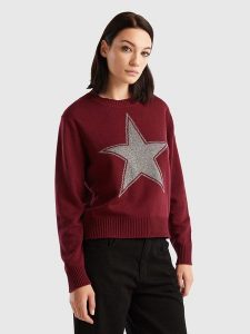 Benetton Sweter w kolorze bordowo-szarym rozmiar: L. Czerwone swetry oversize Benetton, l, bez wzorów, z kaszmiru, bez ramiączek. Za 118,56 zł.