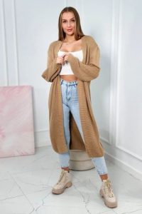 Sweter długi kardigan camelowy. Długie swetry KESI, l, z dzianiny, bez kołnierzyka, plus size. Za 190,70 zł.
