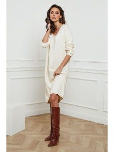 So Cachemire Sukienka dzianinowa "Palerme" w kolorze kremowym rozmiar: XL. Brązowe sukienki So Cachemire, xl, bez wzorów, z dzianiny, bez kołnierzyka, bez ramiączek, midi. Za 187,99 zł.