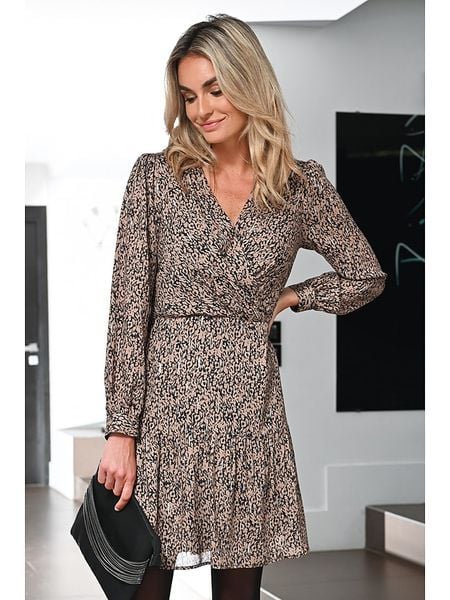 Bleu d'Azur Sukienka "Shelba" w kolorze czarno-jasnobrązowym rozmiar: 42. Brązowe sukienki Bleu d'Azur, w ażurowe wzory, klasyczne, bez kołnierzyka, bez ramiączek, mini. Za 118,01 zł.