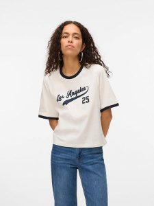 Vero Moda Koszulka w kolorze kremowo-granatowym rozmiar: M. Brązowe bluzki Vero Moda, m, bez wzorów, z bawełny, bez kołnierzyka, bez ramiączek. Za 61,60 zł.