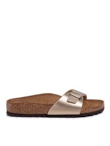 Birkenstock Klapki Madrid Bs 1016107 Złoty. Żółte klapki Birkenstock, bez wzorów, ze skóry, bez obcasa. Za 279,99 zł.
