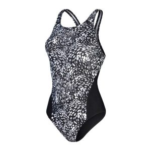 Strój kąpielowy damski Speedo Allover Digital. Czarne stroje jednoczęściowe Speedo, bez wzorów, z lycry. Za 199,99 zł.