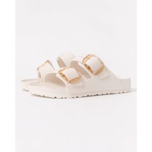 Klapki damskie Birkenstock Arizona Big Buckle Eva. Białe klapki Birkenstock, bez wzorów, z materiału, bez obcasa. Za 317,30 zł.
