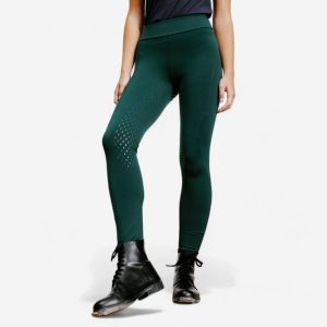 Legginsy jeździeckie damskie 500 z silikonowym lejem. Zielone legginsy FOUGANZA, bez wzorów, z lycry, z podwyższonym stanem, długie. Za 129,99 zł.