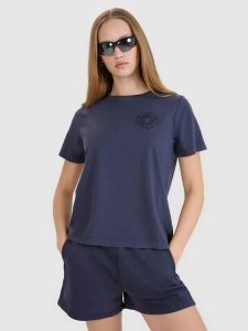 4F T-shirt regular z nadrukiem damski - szary XS. Szare t-shirty 4f, xs, bez wzorów, z bawełny, bez kołnierzyka, bez ramiączek. W wyprzedaży za 39,99 zł.