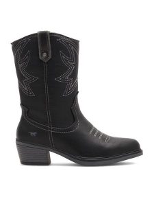 Mustang Kowbojki 1478-503 Czarny. Czarne botki Mustang, bez wzorów, z syntetyku, bez obcasa, na słupku, bez zapięcia. Za 399,99 zł.