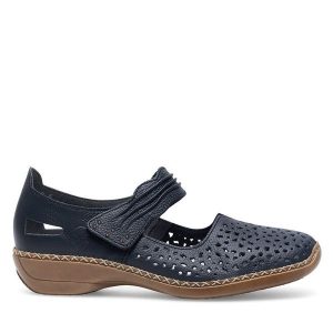 Półbuty Rieker. Niebieskie półbuty Rieker, bez wzorów, bez obcasa, na płaskiej podeszwie, bez zapięcia. Za 299,99 zł.