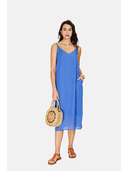 Le Jardin du Lin Lniana sukienka w kolorze niebieskim rozmiar: 40. Niebieskie sukienki Le jardin du lin, bez wzorów, ze lnu, klasyczne, bez kołnierzyka, bez ramiączek, maxi. Za 126,45 zł.