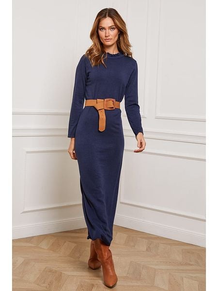 Joséfine Sukienka dzianinowa "Analog" w kolorze granatowym rozmiar: S. Niebieskie sukienki Joséfine, s, bez wzorów, z dzianiny, bez kołnierzyka, bez ramiączek, maxi. Za 135,17 zł.