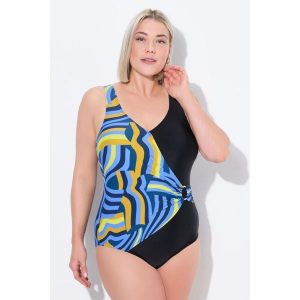 Damski Strój kąpielowy w kopertowym stylu miękkie miseczki ozdobne kółeczko. Niebieskie stroje jednoczęściowe Ulla Popken, bez wzorów, z elastanu. Za 294,99 zł.