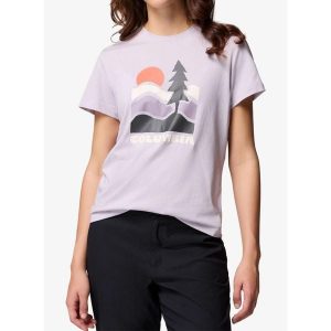 Koszulka damska Columbia Ruby Springs Graphic Fitted S/S. Fioletowe koszulki sportowe Columbia, bez wzorów, bez ramiączek. Za 88,19 zł.