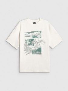 4F T-shirt loose z nadrukiem damski - biały L. Białe t-shirty 4f, l, bez wzorów, z dzianiny, bez kołnierzyka, bez ramiączek. Za 79,99 zł.