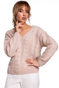 Lekki sweter damski ażurowy z dekoltem V splot w warkocz pudrowy róż. Czerwone swetry klasyczne Polskie swetry, l, z dzianiny, bez kołnierzyka. Za 245,00 zł.