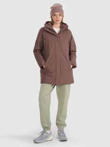 4F Płaszcz przejściowy membrana 8000 damski - brązowy M. Brązowe płaszcze 4f, m, bez wzorów, z materiału, bez kaptura. Za 499,99 zł.