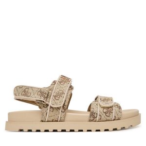 Sandały Guess. Brązowe sandały Guess, z aplikacjami, bez obcasa, na płaskiej podeszwie, bez zapięcia. Za 499,99 zł.
