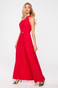 Brokatowa Maxi Sukienka z Dekoltem Typu Halter - Czerwona. Czerwone sukienki MOE, uniwersalny, bez wzorów, z elastanu, wizytowe, bez kołnierzyka, bez ramiączek, maxi. Za 296,05 zł.